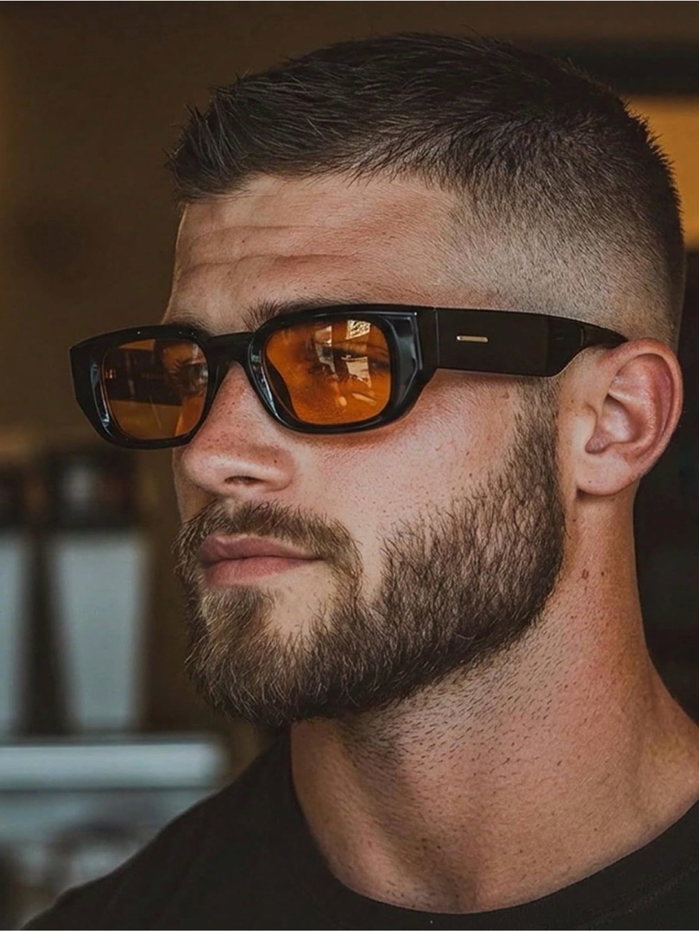 Chunky Black Rectangle Sunglasses Yellow Amber Tinted Lens Wide Temple Y2K